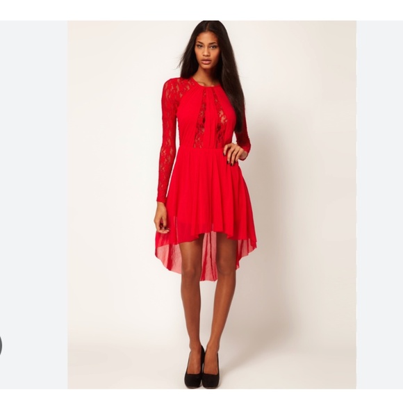 NEW ASOS Lace Insert Skater Dress With High Low Hem - Red / UK 10 US 6 - Picture 1 of 17